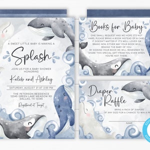 Kit de paquet d’invitations à la baby shower de baleine | Insertion de demande de livre | Livres pour bébé | Carte de tombola de couches | Modèle modifiable #2011