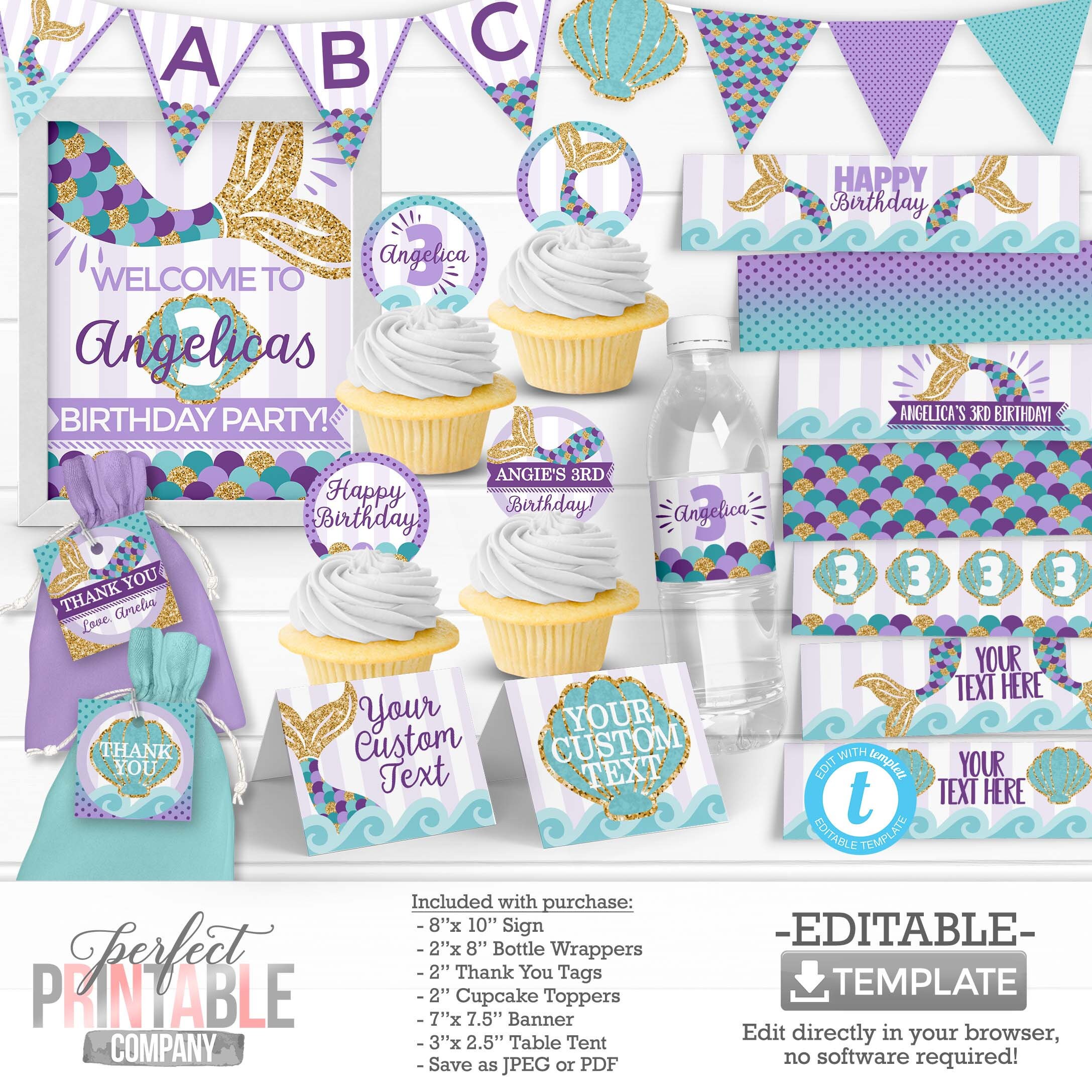 Mermaid Birthday Party Decorations Mermaid Theme Water Bottle Wrapper Banner Table Tent Cupcake Toppers Welcome Sign Thank