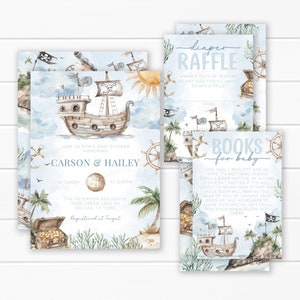 Lot d'invitations nautiques pour baby shower, pirate, c'est une invitation de garçon, carte de tombola de couches, encart pour bébé demande de livre, modèle modifiable #2120