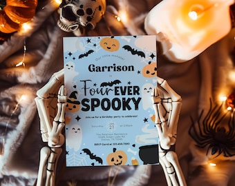 Halloween 4th Birthday Invitation, Spooky Ghost Birthday Invite, Four Ever Spooky Pumpkin Birthday Party Invitation, Editable Template