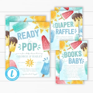 Ready to Pop Baby Shower Bundle, Popsicle Invitation, Diaper Raffle Card, Books for Baby Insert, Summer Baby Shower, Editable Template #2111