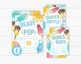 Ready to Pop Baby Shower Bundle, Popsicle Invitation, Diaper Raffle Card, Books for Baby Insert, Summer Baby Shower, Editable Template #2111
