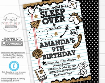 Sleepover Invitation, Slumber Party Invitation, Sleepover Birthday Party, Pajama Party Invite, Black Gold, Printable, Instant Download #781