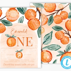 Convite de primeiro aniversário Little Cutie, convite de festa de aniversário Orange ONE, cartão de primeiro aniversário cítrico, Evite Tangerina, modelo editável #2017