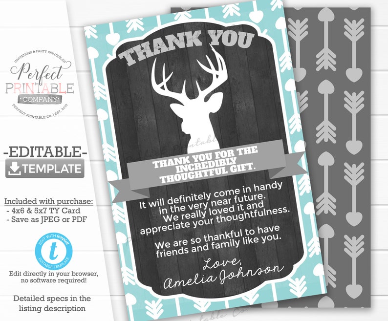 Deer Antler Thank You Note Baby Shower Birthday Party Deer Antler Thank You Card Teal Mint Gray Editable Template #953 Tribal Rustic
