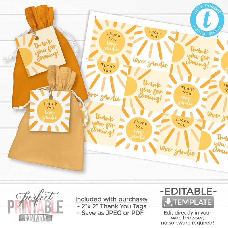 You Are My Sunshine Thank You Tags, Summer Party Favors, Sun Gift Tags, Sunshine Birthday Party Decorations, Thank You Note 1089 image 1