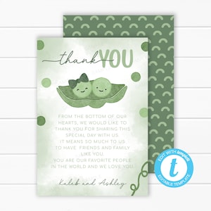 Tarjeta de agradecimiento de dos guisantes en una vaina - Nota de agradecimiento de guisante dulce - Carta de agradecimiento de vaina de guisantes - Baby Shower de niña gemela - Plantilla editable #2104