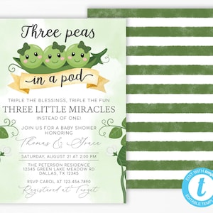 Three Peas in a Pod Baby Shower Invitation, Triplet Girls Baby Shower Invitation, Sweet Pea Invitation, Pea Pod Invite, Baby Sprinkle #1095