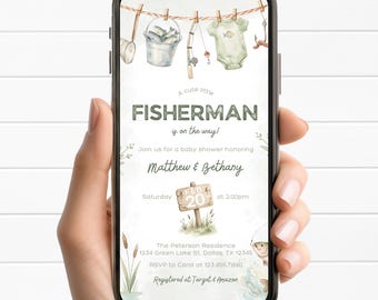 Pode incluir: Um smartphone exibe um convite para um chá de bebê com tema de pesca. O convite apresenta um varal com itens relacionados à pesca e o texto "A cute little FISHERMAN is on the way!". A data é 20 de fevereiro.