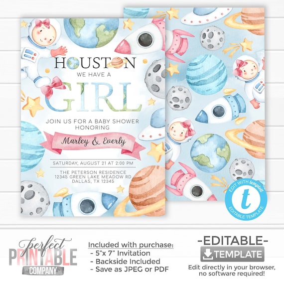 Pink Space Baby Shower Invitation, Houston We Have a Girl