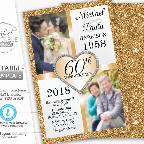 50th Anniversary Invitation, Gold Wedding Anniversary Invitation, Golden Anniversary Invitation, 30th, 40th, 60th, Editable Templett #316