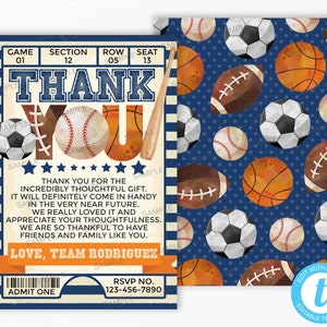 Tarjeta de agradecimiento deportivo, nota de agradecimiento deportivo, fiesta de cumpleaños, baby shower, fútbol béisbol baloncesto, plantilla editable #947