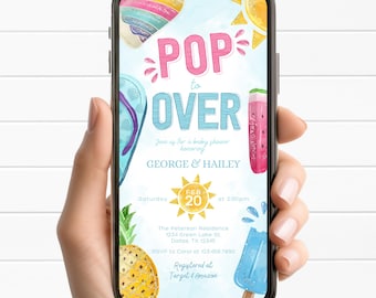 Pode incluir: Convite para chá de bebé exibido num smartphone. O design apresenta um tema de verão com ilustrações de abacaxi, picolé e sol. O texto inclui "POP to OVER" e detalhes para o chá de bebé de George & Hailey.
