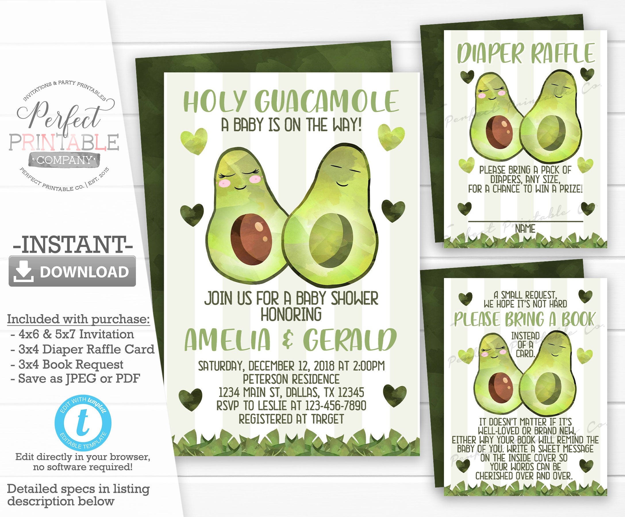 Avocado Baby Shower Invitation Set Kit Package Bundle Etsy
