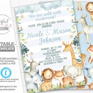 Safari Jungle Baby Shower Invitation, Zoo Baby Shower Invitation, Safari Jungle Invite, Safari Jungle Animals, Blue, Its a Boy #981