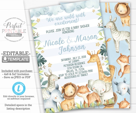 Safari Jungle Baby Shower Invitation Zoo Baby Shower Invitation