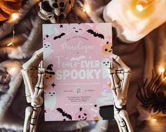 Halloween 4th Birthday Invitation - FOUR Ever Spooky Invitation - Pink Ghost Invite - Pumpkin Birthday Party Invitation - Editable Template