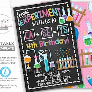 Science Birthday Party Invitation, Science Invite, Girl Science Invitation, Experiment, Periodic Table of Elements, Editable Template #326