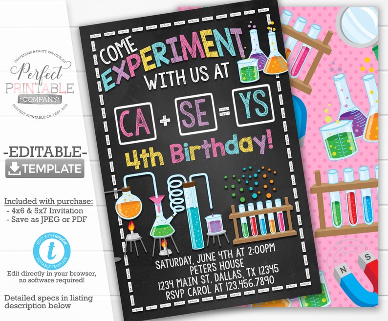 Science Birthday Party Invitation Science Invite Girl Etsy