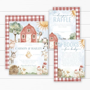 Lot d'invitations pour baby shower animaux de la ferme - invitation mignonne petite grange rouge - demande de livre de cartes tombola couches - modèle modifiable #2119
