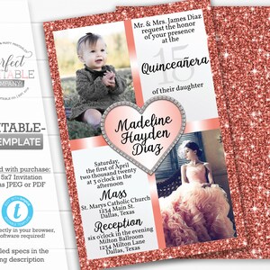 Coral Quinceañera Invitation, Quinceañera Invite, Mis Quince Anos, Invitaciones de Quinceañera, Invitación de 15 Cumpleaños #976