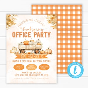 Może przedstawiać: Zaproszenie na świąteczne przyjęcie w biurze z akwarelową ilustracją wozu pełnego dyni. Przyjęcie odbędzie się w piątek, 20 listopada, w godzinach od 12:00 do 14:00 w głównej stołówce biurowej. Goście proszeni są o przyniesienie przystawki według własnego wyboru. Indyk zostanie zapewniony.