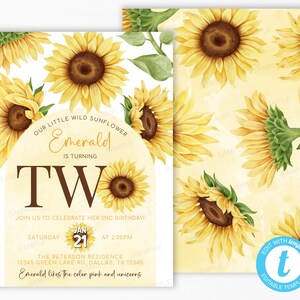 Sonnenblume 2. Geburtstag Einladung, Sonnenblume drehen ZWEI Geburtstagsparty einladen, wilde Sonnenblume Einladung, druckbare bearbeitbare Vorlage #2032