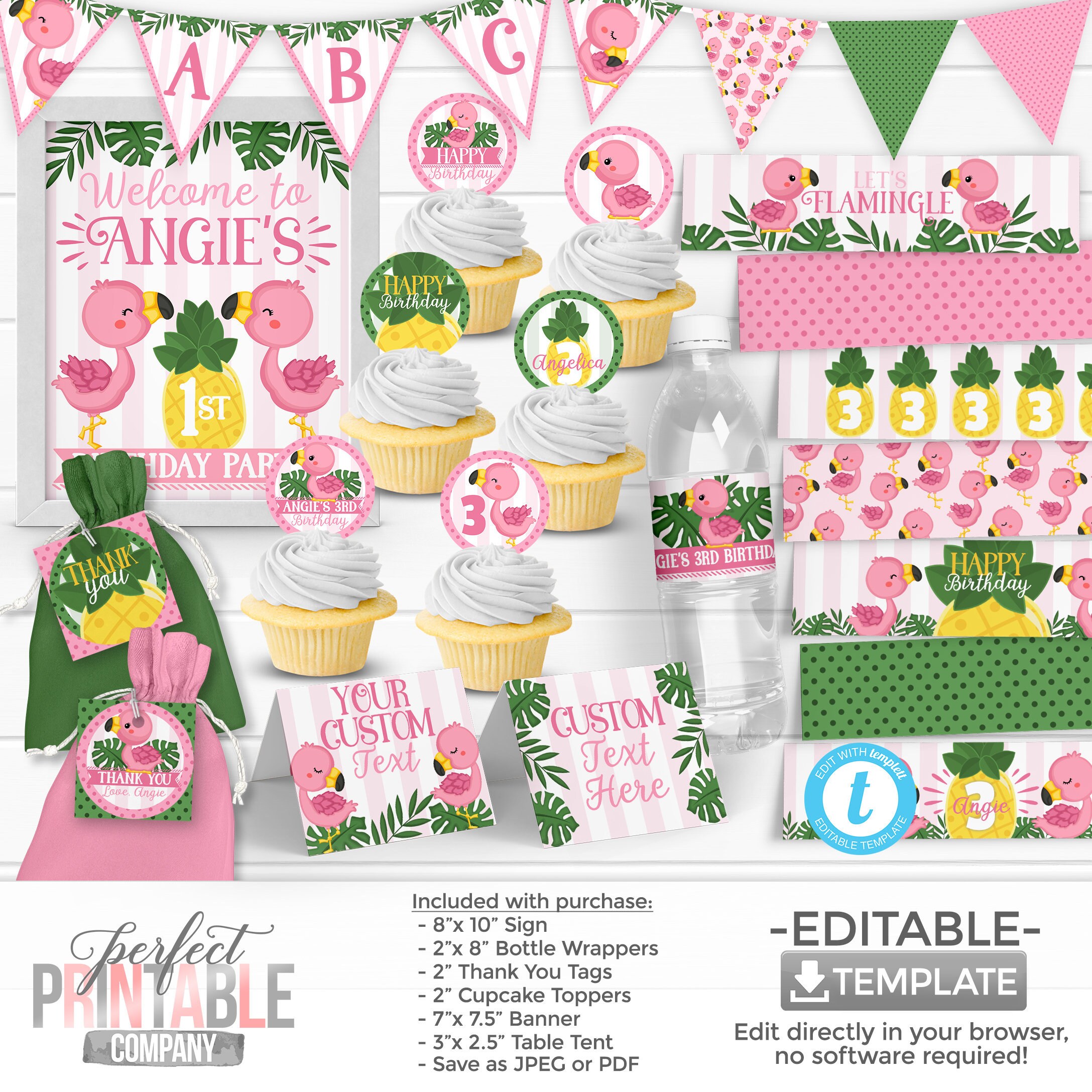 Flamingo Birthday Party Decorations Flamingo Theme Water Bottle Wrapper Banner Table Tent Cupcake Topper Welcome Sign Thank