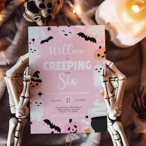 Halloween 6th Birthday Invitation - Creeping into SIX Invitation - Pink Ghost Invite - Pumpkin Birthday Party Invitation - Editable Template