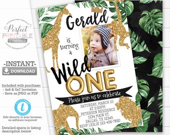 Wild One Birthday Invitation, Safari Jungle Animals Birthday Party Invitation, Black Gold Glitter, Boy 1st Birthday, Editable Template #936