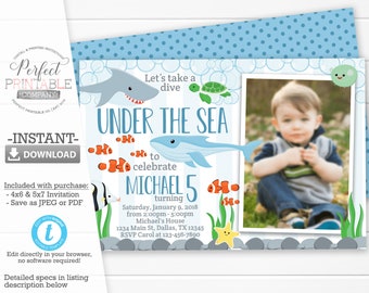 Under the Sea Birthday Invitation, Sea Animal Birthday Invitation, Under the Sea Invite, Summer Birthday Invitation, Editable Template #716