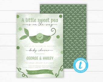 Sweet Pea Baby Shower Invitation - Little Sweet Pea Invite - Its a Boy Sweet Pea Invitation - Two Peas In a Pod - Editable Template #2104