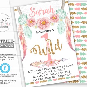 Wild One Dreamcatcher Invitation, Boho Tribal Birthday Party Invitation, Dreamcatcher Invite, Pink Mint Teal Gold, Editable Template #394