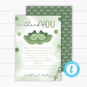 Tarjeta de agradecimiento de dos guisantes en una vaina - Nota de agradecimiento de guisante dulce - Carta de agradecimiento de vaina de guisantes - Baby Shower para niñas gemelas - Plantilla editable #2104