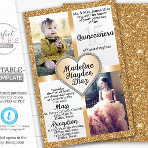 Gold Quinceañera Invitation, Quinceañera Invite, Mis Quince Anos, Invitaciones de Quinceañera, Invitación de 15 Cumpleaños #976