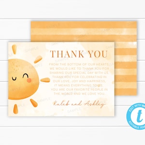 Usted es mi tarjeta de agradecimiento del sol / Nota de agradecimiento del sol / Carta de agradecimiento / Inserción de agradecimiento / Baby Shower de verano / Plantilla editable #2013