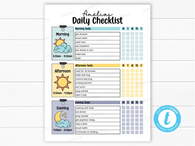 Printable Daily Checklist for Kids, Editable Daily Responsibility Chart ...
