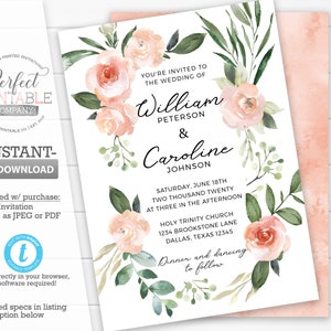 Peach Wedding Invitation Template, Peach Floral Wedding Invitation, Peach Wedding Invite, Coral Wedding Invitation, Editable Template #883