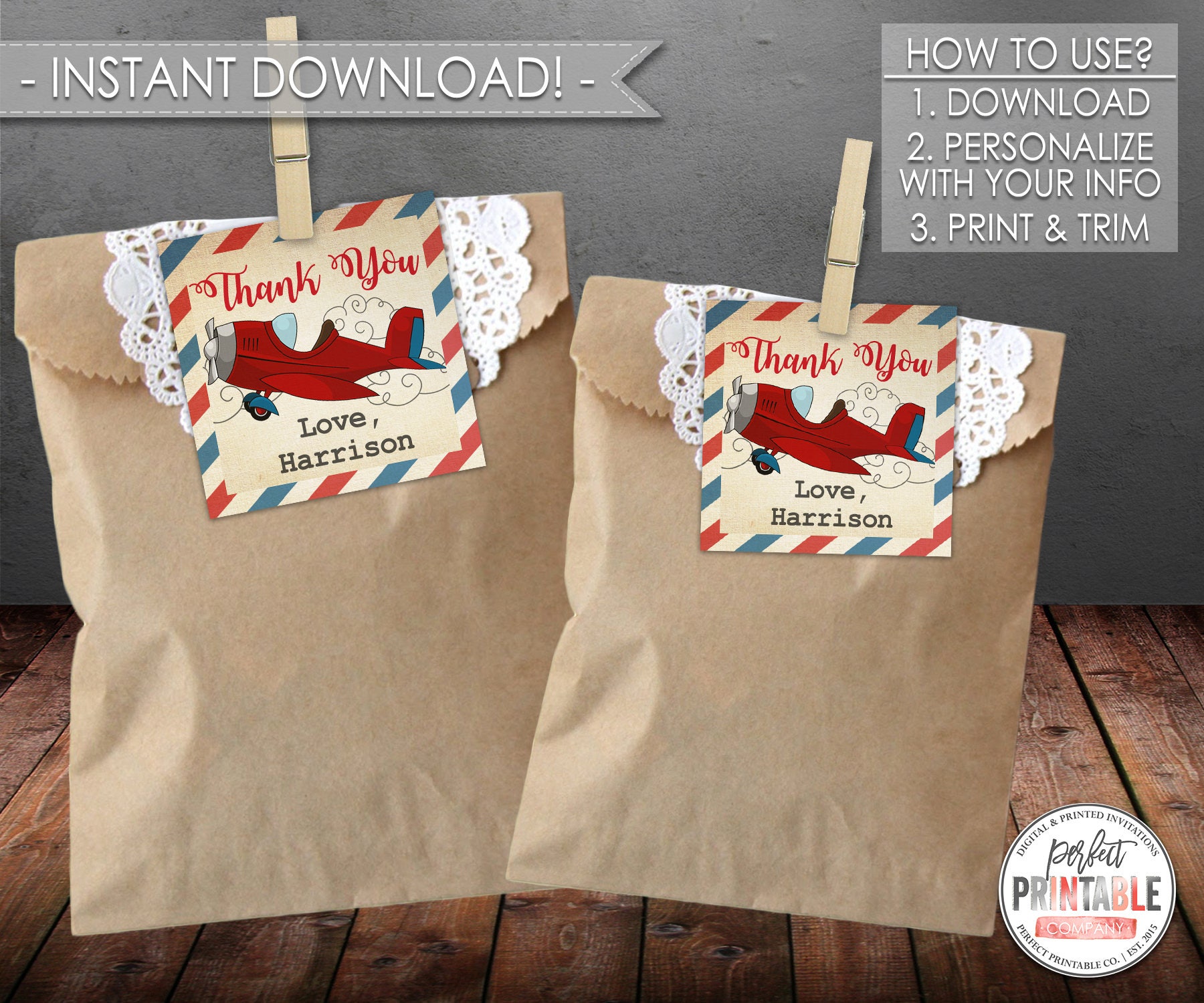 Vintage Airplane Thank You Tags Airplane Party Favors Etsy