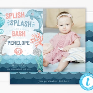 Dolphin Birthday Invitation, Dolphin Invite, Dolphin Birthday Party Card, Dolphin Evite, Summer Ocean Life Animals, Editable Template #2027