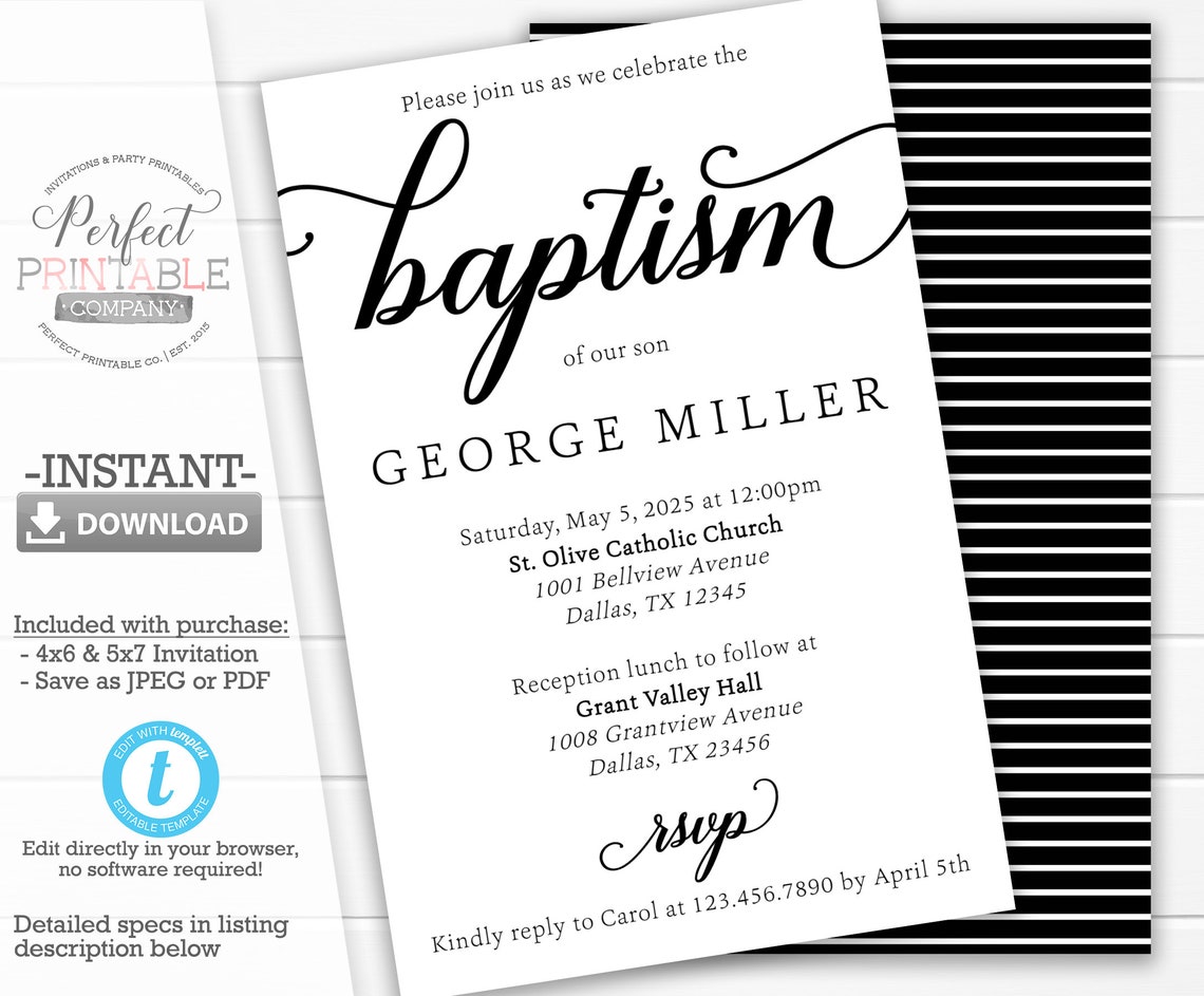 Black and White Baptism Invitation Christening Invitation Etsy