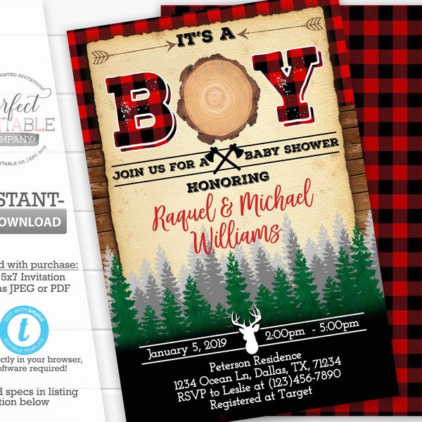 Lumberjack Baby Shower Invitation, Buffalo Flannel Baby Shower Invitation, Woodland Invitation, Lumberjack Invite, Editable Templett #527