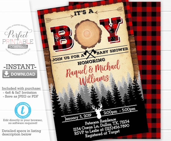 Lumberjack Baby Shower Invitation Buffalo Flannel Baby Shower