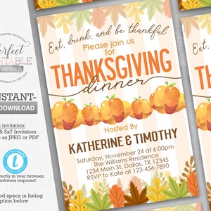 Thanksgiving Dinner Invitation, Thanksgiving Invitation, Thanksgiving Invite, Pumpkin Thanksgiving Invitation, Editable Templett #862