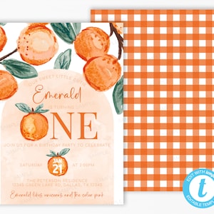 Convite de primeiro aniversário Little Cutie, convite de festa de aniversário Orange ONE, cartão de primeiro aniversário cítrico, xadrez de piquenique, modelo editável #2017