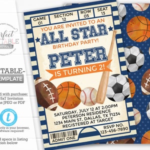 Sports Birthday Invitation, All Star Birthday Invitation, Sports Ticket Invite, Basketball Football Baseball Soccer, Editable Template #945
