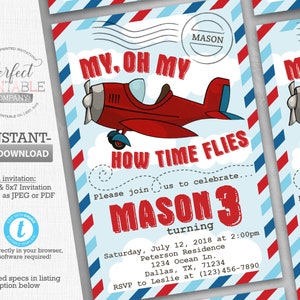 Airplane Birthday Party Invitation, Airplane Invitation, Airplane Invite, Plane Invitation, Red and Blue, Editable Templett #827