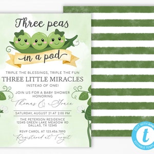 Three Peas in a Pod Baby Shower Invitation, Triplet Two Girls and Boy Baby Shower Invitation, Sweet Pea Baby Sprinkle, Pea Pod Invite #1095