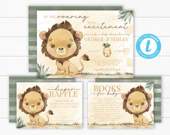Lion Baby Shower Invitation Bundle, Diaper Raffle Card, Books for Baby Request Insert, Cute Baby Lion Cub Package, Editable Template #2021