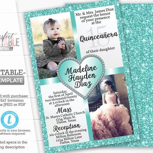 Turquoise Quinceañera Invitation, Quinceañera Invite, Mis Quince Anos, Invitaciones de Quinceañera, Invitación de 15 Cumpleaños #976